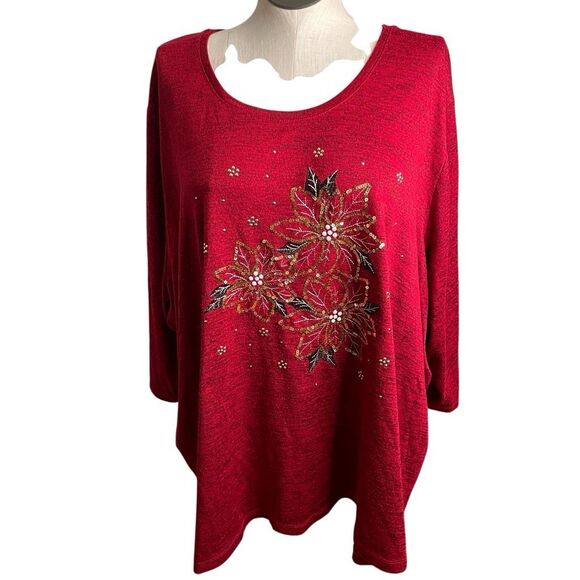Catherines Womens Embellished Top 5X Red Poinsettia Sequin Holiday Christmas - Picture 1 of 6